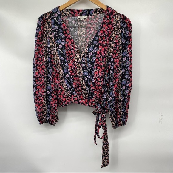 American Eagle Blue Pink Floral Wrap Blouse S - Picture 1 of 5
